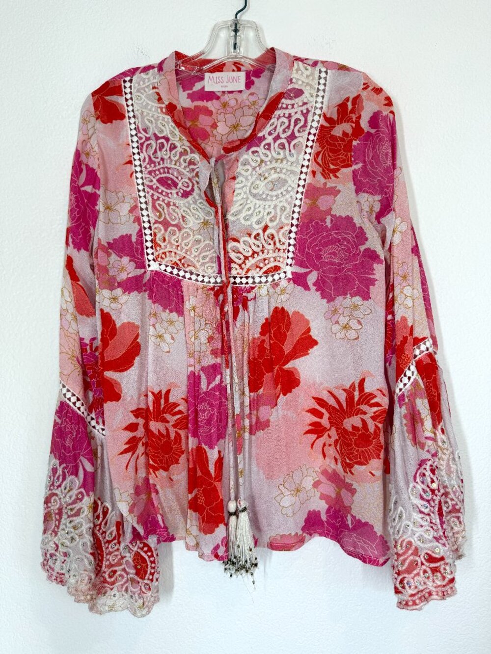 Miss June Paris Pink Floral Boho Blouse Embroidered Bell Sleeve Tassel Large - Picture 10 of 10